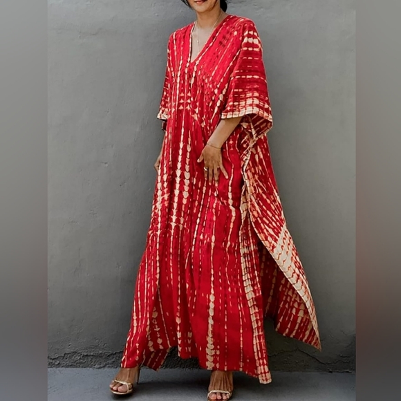 Gray Blue Tie Dye Hippie Kaftan Long Flowy Maxi Dress Loose Boho V Neck Caftan - Picture 9 of 9